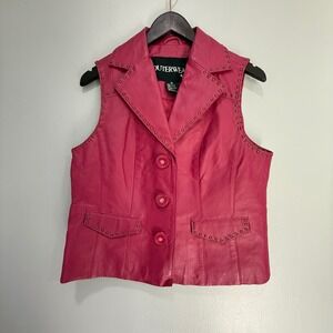 Pink Leather Vest Womens Outerwear Studded Button Front‎ Sleeveless Moto Biker